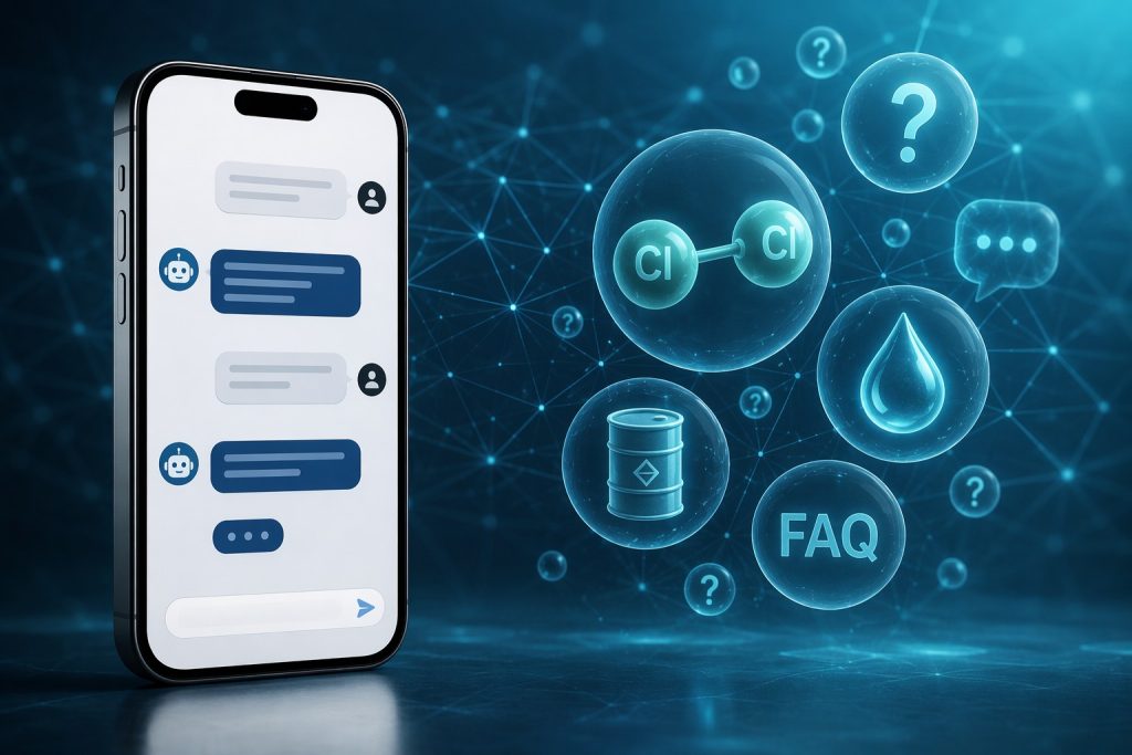 Smartphone chatbot interface with chemistry icons - AI answers to 20 SDIC TCCA questions
