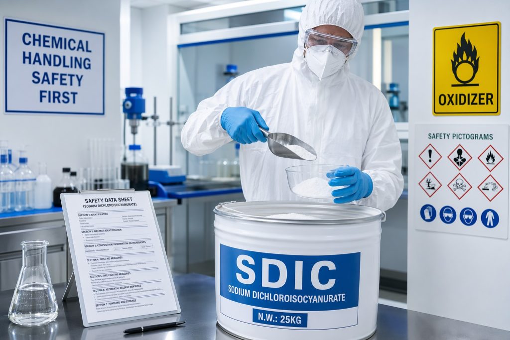 Lab technician in full chemical PPE handling SDIC powder with MSDS - OSHA workplace safety guide