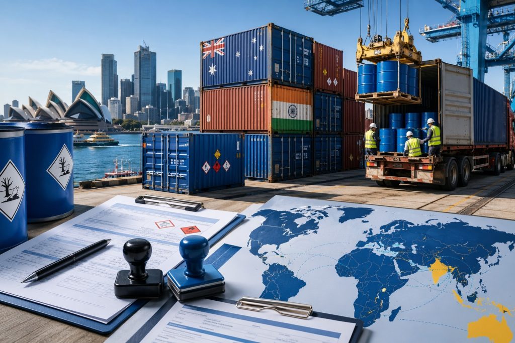 Cargo containers at Sydney harbor with Asia-Pacific regulatory map - SDIC TCCA import guide Australia India