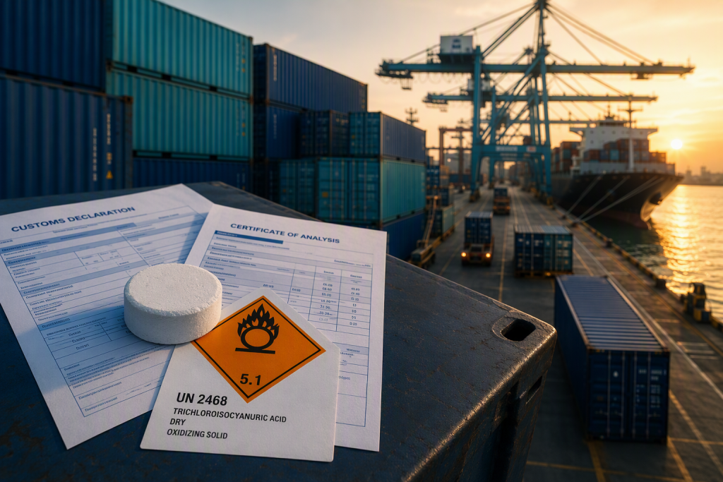 Container port at golden hour with TCCA export customs documents UN 2468 dangerous goods label and chlorine tablet - China chemical export compliance