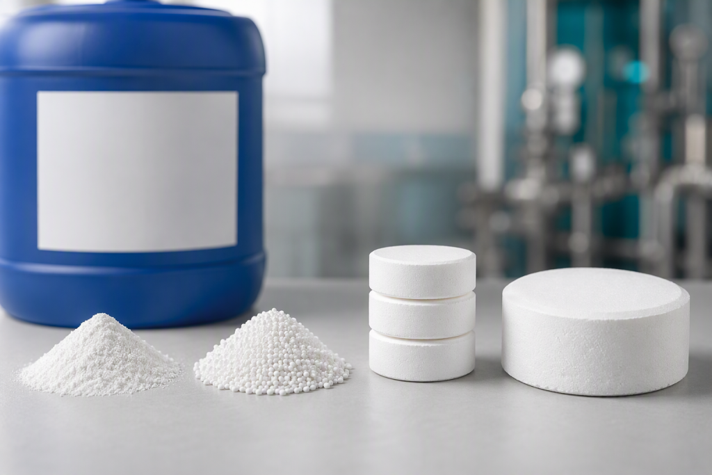 TCCA powder granular tablets and chlorine cake formats side by side with 25kg HDPE drum - trichloroisocyanuric acid specification comparison