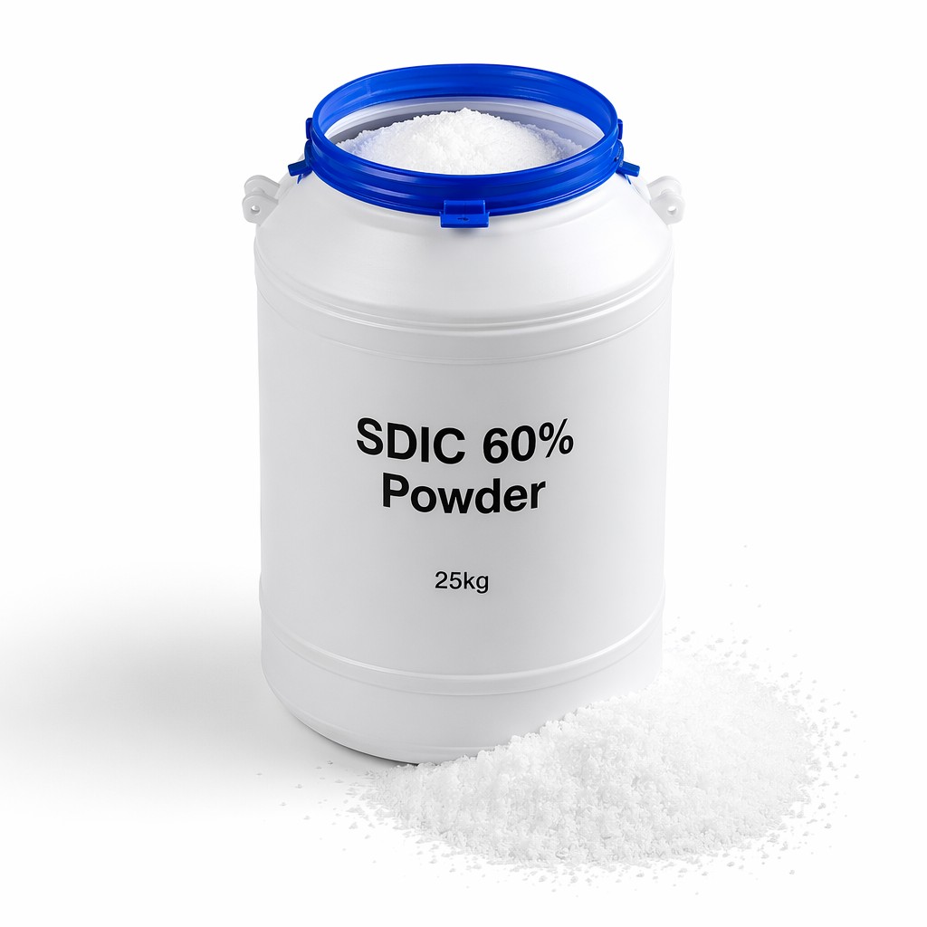 مسحوق SDIC 60% — ثنائي كلورو أيزوسيانورات الصوديوم على هيئة مسحوق أبيض بلوري ناعم — شركة شيلان الكيميائية