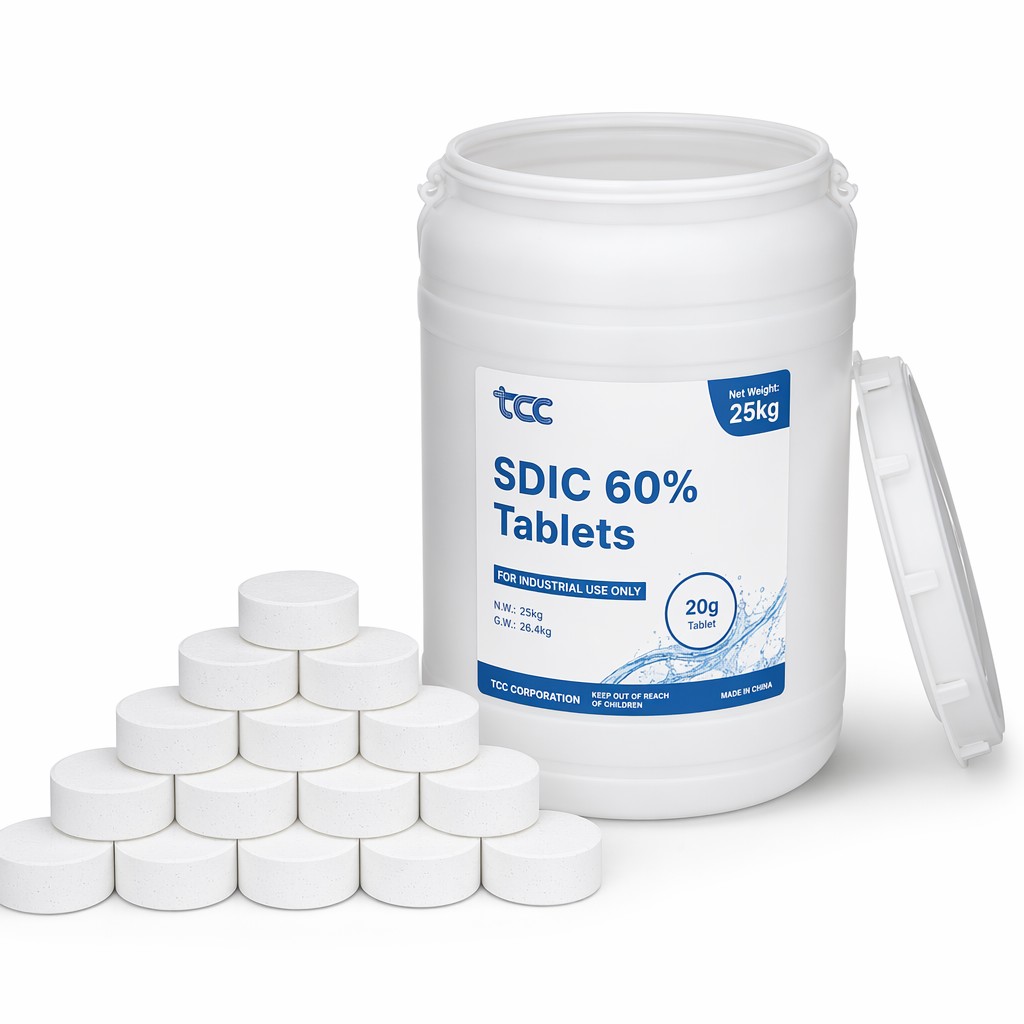 أقراص SDIC 60% الفوّارة بوزن 20 غرام و200 ملغ — معالجة المياه من شركة شيلان للكيماويات